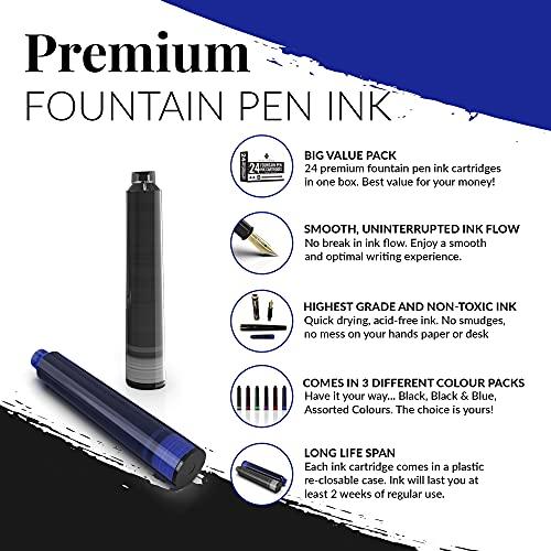 Wordsworth  Black 24 Pack Fountain Pen Ink Refills SET OF 24 BLUE Ink Cartridges International Standard Size Length Appr 1.5