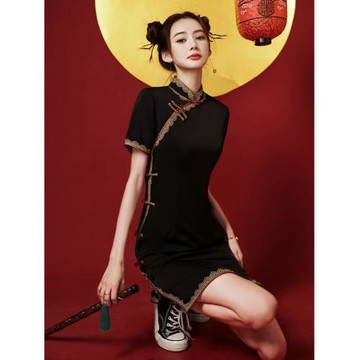 MA原版旗袍黑色2025年新款年輕款少女高級感夏季連衣裙短款