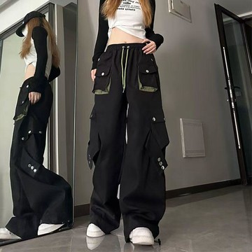 現款免運 休閒長褲 長褲女 通勤褲 加長工裝褲女款新款春秋衝鋒褲登山美式黑色休閒戶外運動褲子U韓系長褲