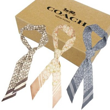 COACH 100%蠶絲領帶長型絲巾領巾髮帶原廠禮盒(多色供選)