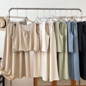 韓版chic無袖背心上衣+高腰顯瘦中長款半身裙a字裙兩件套女夏季