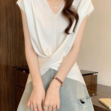 💕甜心大尺碼💕大尺碼上衣 胖mm大碼女裝獨特V領短袖針織衫T恤夏季不規則收腰遮肚子顯瘦上衣