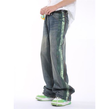 Voguo Relay 小眾設計涂鴉牛仔褲韓版中腰寬松直筒長款男女闊腿褲