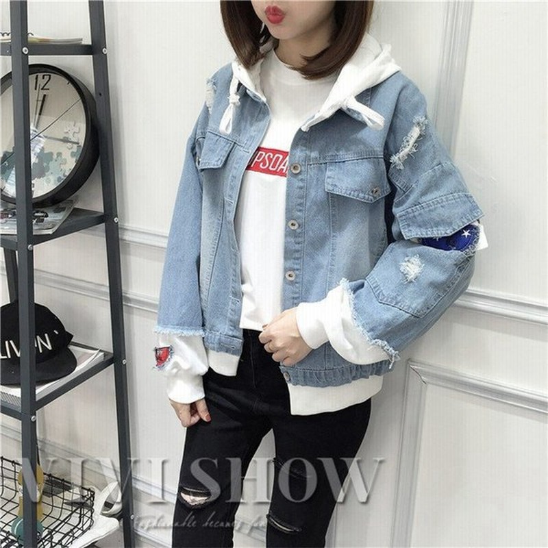 デニムジャケット レディース フード付き 帽子 Gジャン ショート丈 長袖 バイカラー デニムコート ダメージ アウター トップス おしゃれ 春秋 通販 Lineポイント最大0 5 Get Lineショッピング