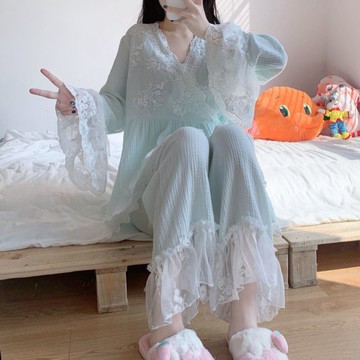 新款睡衣女春夏款可外穿套裝蕾絲和服日系復古可愛長袖家居服