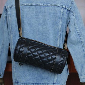 茶芯馬皮騎行包摩托車復古男士菱格腰包質感黑色機車包單肩斜跨包