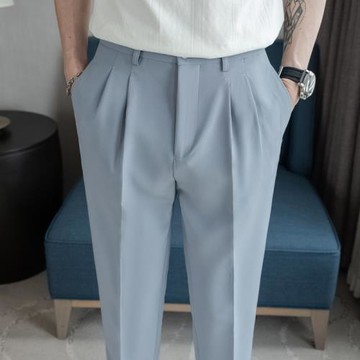 通勤百搭休閑九分褲男輕熟風時尚小直筒垂感西褲青年痞帥藍色西褲