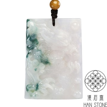 【漢石齋】天然翡翠A貨 護主龍牌玉佩吊墜 冰糯種飄花(43*61*11mm)