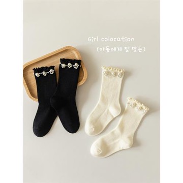 女童襪子純棉春秋季兒童中筒襪韓版洋氣女孩寶寶珍珠木耳邊公主襪