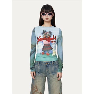 YOSHUYUKI“跳舞小狗”印花圓領緊身打底衫顯瘦上衣長袖T恤