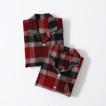 秋冬加厚無印法蘭絨情侶睡衣男女全棉磨毛絨布簡約格紋保暖家居服