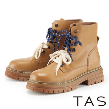 TAS 復古雙色鞋帶真皮厚底馬丁靴 棕色
