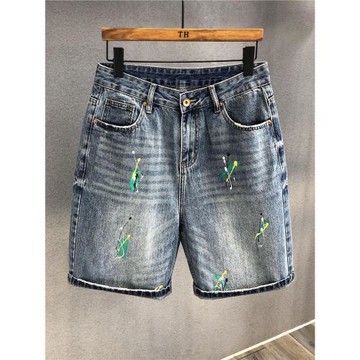 香港專柜高端潑墨設計潮牌牛仔短褲男士夏季薄款寬松五分褲男褲子