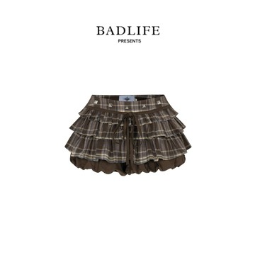 BADLIFE - ASTERACEAE 棕色格紋迷你短裙 排扣設計 百褶Mini Skirt