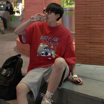 紅色t恤男港風潮流寬松情侶短袖夏季簡約印花半袖體恤圓領打底衫