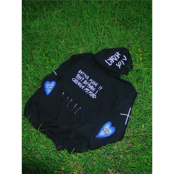 藍色愛心美式復古西海岸花體old school痞帥中性男女新潮連帽衛衣