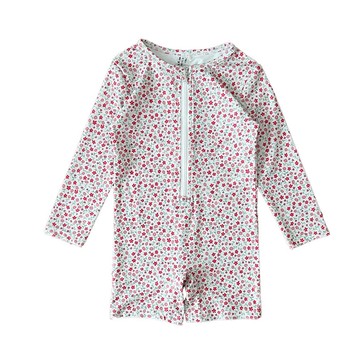 防曬長袖連身泳衣(附帽子)-小碎花-白色