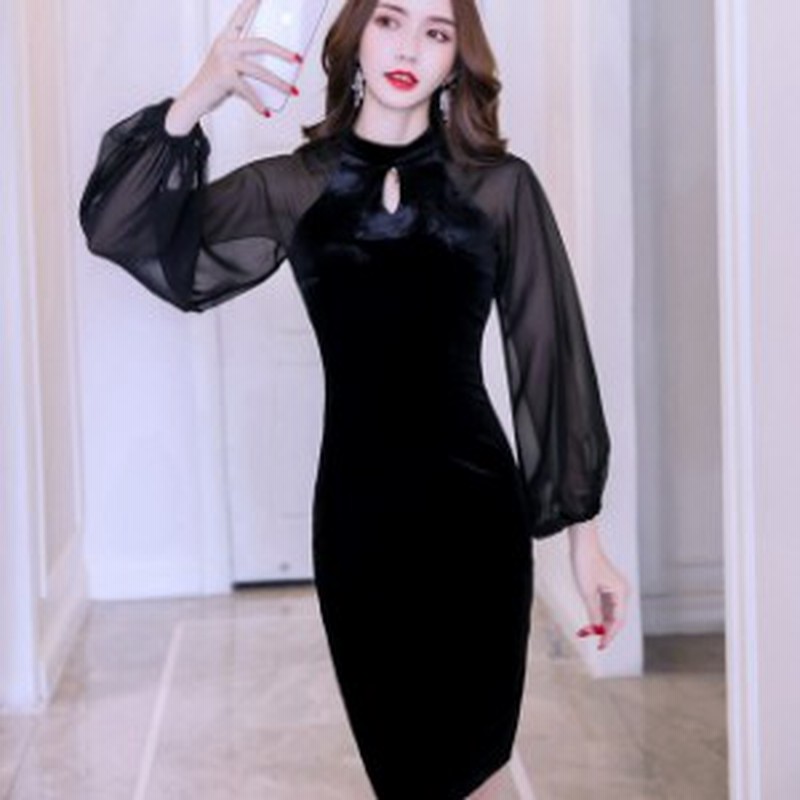 パーティードレス 結婚式 二次会 ワンピース 大きいサイズ ドレス 膝丈 タイト シースルー 長袖 透け感 パフスリーブ 黒 通販 Lineポイント最大1 0 Get Lineショッピング