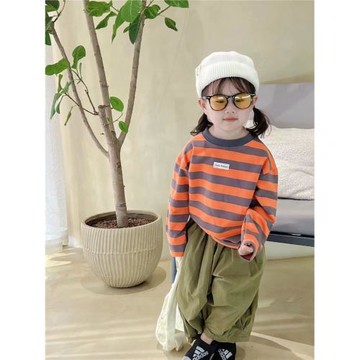 2025春秋季新款男女童長袖打底衫兒童韓版時尚圓領條紋衛衣