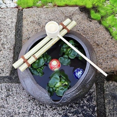 信楽焼き 窯肌窯変 つくばい(竹、柄杓付き) 蹲 手水鉢 陶器 しが