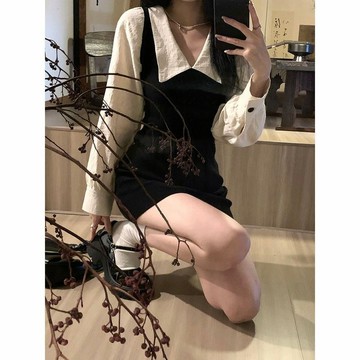 【FROCK】韓版連衣裙 性感包臀裙 長袖洋裝 韓係純慾學院風翻領連衣裙高腰氣質顯瘦包臀裙子 生日禮服 節日洋裝