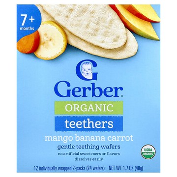 Gerber, 有機牙膠，溫和磨牙餅乾，7 個月以上，芒果香蕉胡蘿卜味，12 個獨立包裝 2 包，每包 0.14 盎司（4 克）