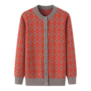 中老年圓領加厚羊絨衫女大碼寬松開衫秋冬毛衣提花毛衫外套K917