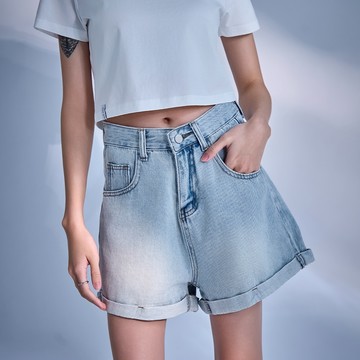 CACO-A字反摺薄款牛仔短褲-女【J2NA061】