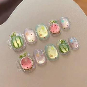 爆款✨假指甲貼片短款 韓系短甲片 手工穿戴甲 美甲貼片 閨蜜交換禮物 多巴胺西瓜手工穿戴甲甜美貓眼美甲夏季短款顯白可愛指