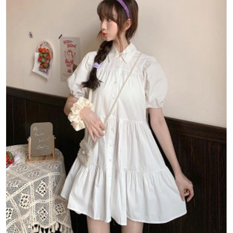 シャツワンピース 春夏 半袖 シャツ 韓国 ファッション レディース トップス コットン パフスリーブ ティアード フレア ガーリー カジュ 通販 Lineポイント最大5 0 Get Lineショッピング