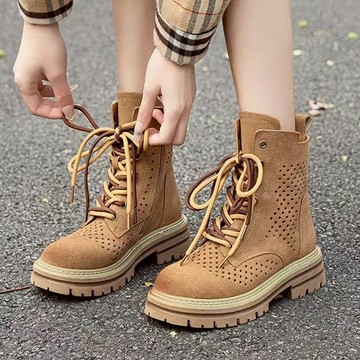 【白鳥麗子】男孩風麂皮雙色鞋帶簍空側拉鍊厚底短靴工程靴 店長推薦