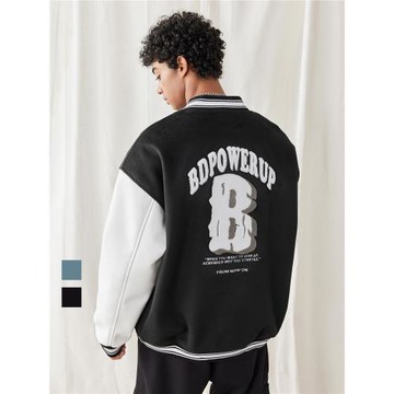 bdpowerup春季美式字母繡花棒球服時尚拼接毛巾繡運動外套男寬松