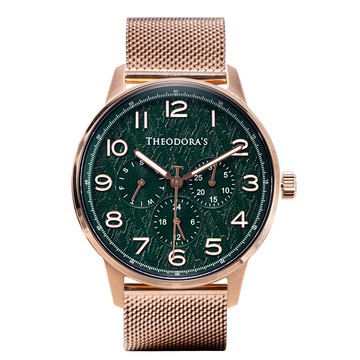 時間旅人 先行者 三眼夜光金屬腕錶 山景綠-米蘭玫金