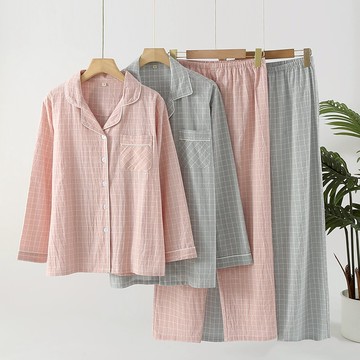 【現貨】日系情侶格子長袖長褲睡衣套裝 100%全棉春夏季水洗棉薄款男生長袖睡衣套裝寬鬆家居服