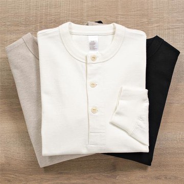 300g 老織機日系復古美式亨利領三本針重磅厚實純棉長袖男T恤咔嘰