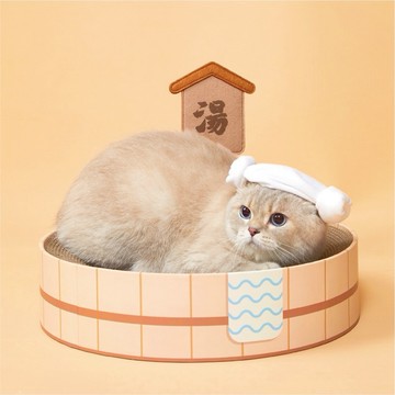 【汪喵森活】 溫泉 湯屋 附頭巾 造型貓抓板 圓形貓抓板 睡窩貓抓板 瓦楞 貓抓板 耐抓 貓抓板 圓形貓抓窩 貓咪玩具