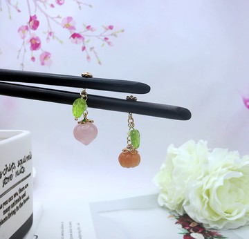 檸檬手作髮飾  金絲玉南瓜與粉晶桃子黑檀木髮簪