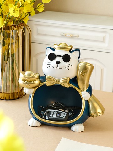 創意招財貓玄關入戶鑰匙收納擺件家居飾品客廳電視柜桌面開業禮物