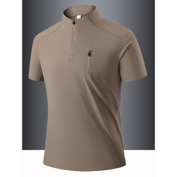 半拉鏈t恤男短袖上衣冰絲涼感透氣商務休閑中青年口袋立領polo衫