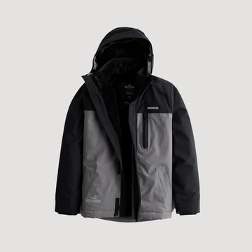 Hollister 防風防潑水仿皮草連帽風衣外套-黑灰併色