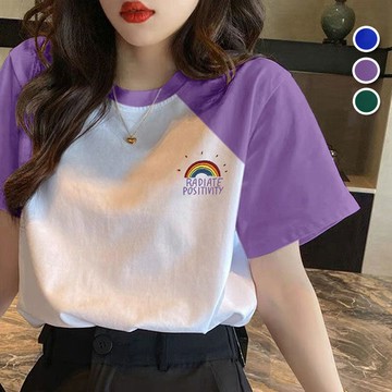 【韓國K.W.】KN3211現貨韓國空運林下風氣棉質百搭拼接撞色印花上衣(涼感/造型/印花/棉)