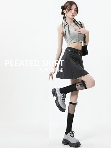 灰色百褶裙美式半身裙女夏季2023新款a字高腰學院風甜辣jk短裙子