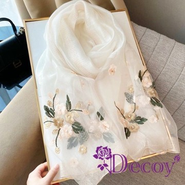 Decoy 時尚風雅 絲質羊毛刺繡絲巾 薄款兩用披肩圍巾 白色