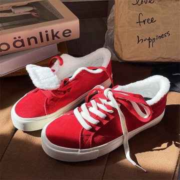 磊哥家 冬季加絨帆布鞋女正紅色鞋子韓版百搭保暖休閑板鞋二棉鞋