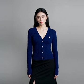 Polo Ralph Lauren RL 熱銷V領刺繡小馬麻花開襟外套 上衣(女)-深藍色