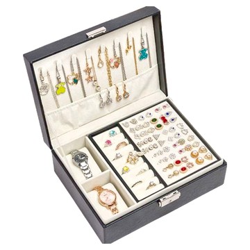 PORA BELLA 貴婦皮革13飾品盒  尺寸:長23公分x寬17公分x高9公分  材質:合成皮革+內部鋪絨  黑色