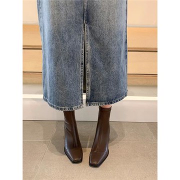 美拉德穿搭2025秋冬新款真皮粗跟方頭法式彈力瘦瘦短靴時尚高跟鞋