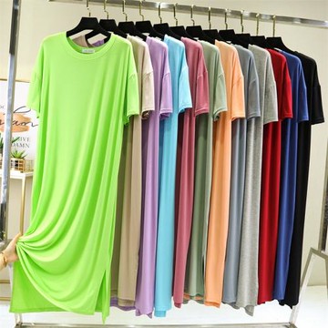 夏季莫代爾棉長款過膝懶人t恤裙女顯瘦開叉大碼連衣裙到腳踝長裙