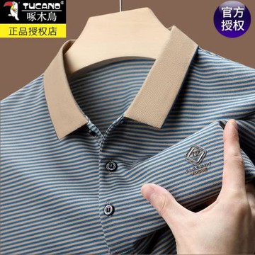 啄木鳥夏季新款純棉短袖t恤男中年半袖條紋上衣翻領POLO衫爸爸裝