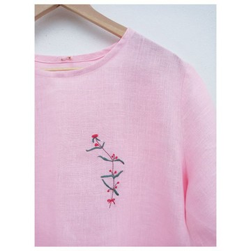刺繡 | 亞麻 | 圓領短袖 T 恤 櫻花粉